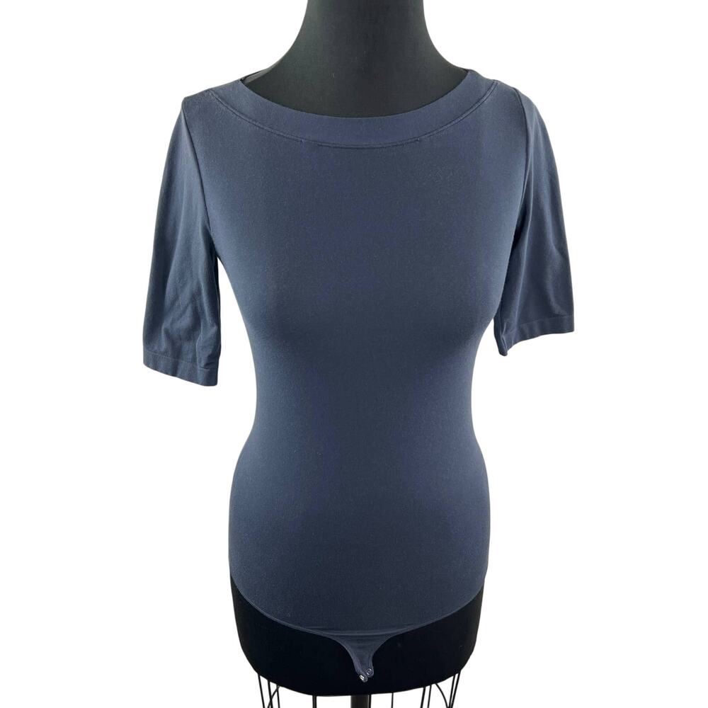 WOLFORD Navy Blue Stretch Cotton Crew Neck Half Sleeve Bodysuit One-Piece XS